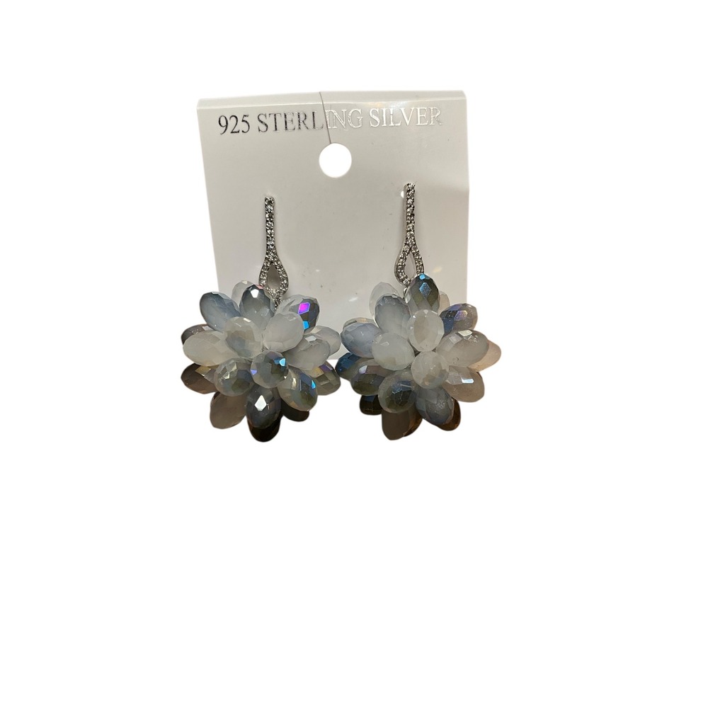 925 Sterling Silver Iridescent Bead Cluster Floral Drop Earrings Grey White